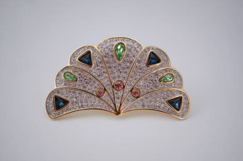 Swarovski Fan Pin Brooch, gold & crystals 1980`s ca, Austrian